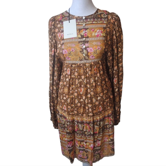 SPELL | Madame Peacock Boho Mini Dress - Coffee - Picture 3 of 7